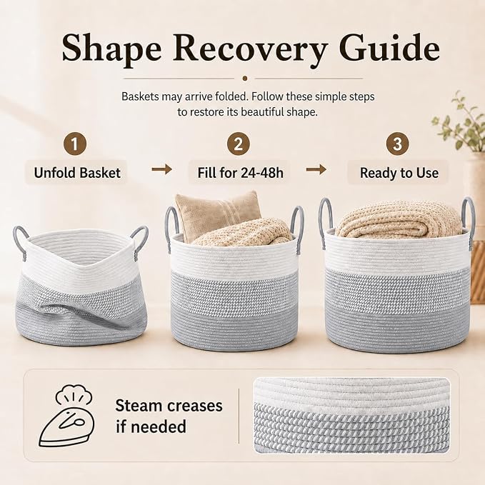JMvicyroam 115L Extra Large Machine Washable Cotton Rope Blanket Basket | Collapsible laundry hamper, Reinforced handles, For blankets,pillows,toys and clothes, Living room and bedroom,White&Grey Mix