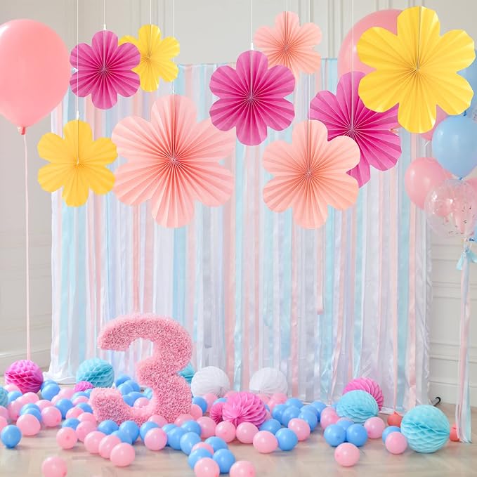SUNBEAUTY Paper Flowers Decorations for Wall, Paper Flower Fan Classroom Decoration Paper Floral Backdrop Decor Paper Fans Decoration Hanging Paper Fans Pink Yellow Flower Wall Decor