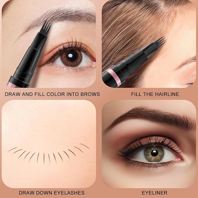 Eyebrow Pencil,2-in-1 Waterproof Eyebrow Pen with 4 Tip Brow Pen and Ultra-Precise Brow Pencil,with Dual-ended Eyebrow Brush,Eyebrow Makeup for Natural Looking Eyebrows-Medium Brown