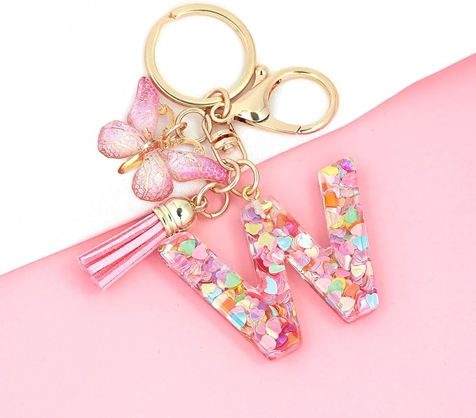 Fashion Alphabet Initial Letter Keychain Tassel Butterfly Pendant Key Ring for Purse Handbags Women Girl
