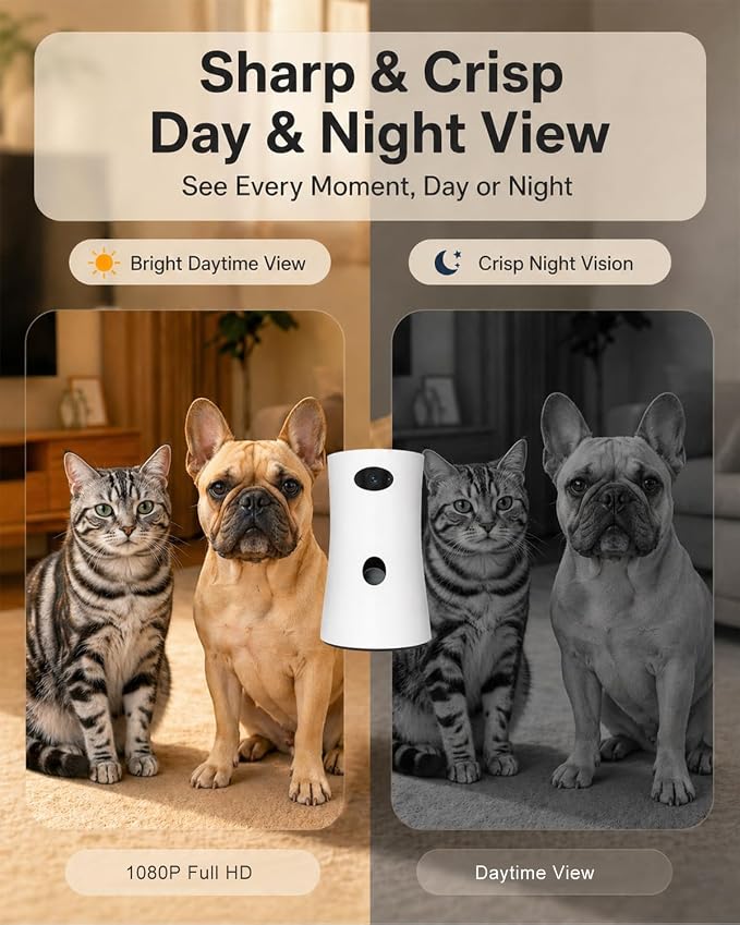 Pet Camera Treat Dispenser, 360° Pet Dog Security Cameras with Phone App, WiFi 5G/2.4G, Two Way Audio, Night Vision, Remote Treat Tossing, Motion Alert for Home Indoor Pet Cat Puppy Monitoring
