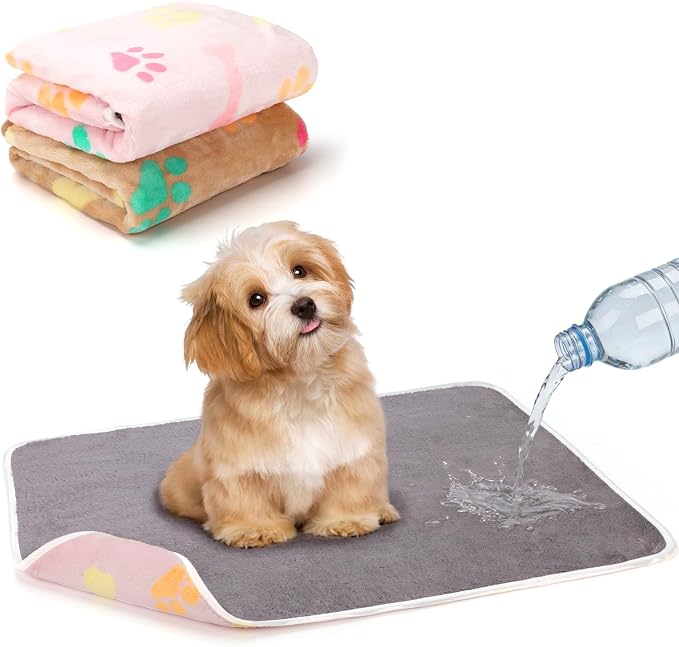 YUEPET 2 Pack Waterproof Dog Blankets, Washable Puppy Blankets 23 x 16 in | Pink/Brown Paw Set, Reversible Fleece Throw, Heat-Reflective Mylar Layer, Bed/Sofa/Car Protection, Small Dogs and Cats