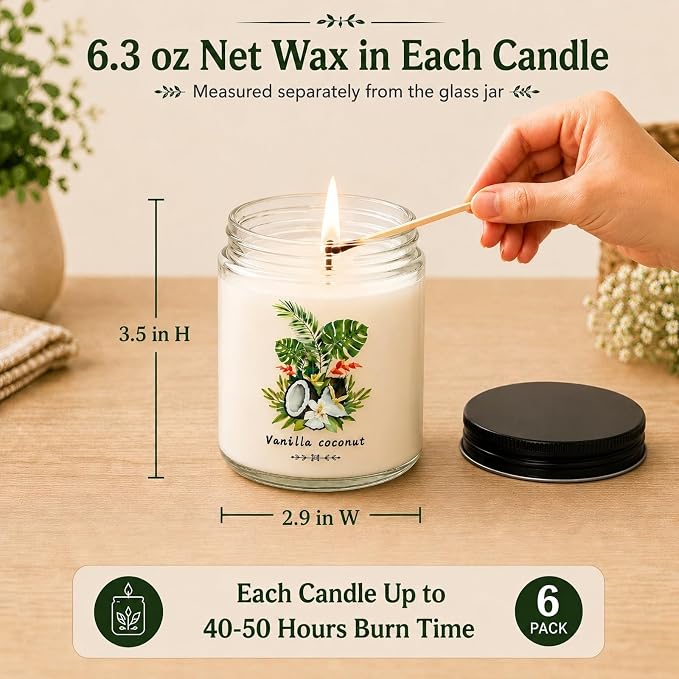 6 Pack Scented Candles Gift Set for Women - Soy Wax Jar Candles | 37.8oz Up to 300 Hours Long Lasting Burn Time, Fresh Scents - Watermelon, Vanilla Coconut, Lavender, Lemon, Mint, Ocean