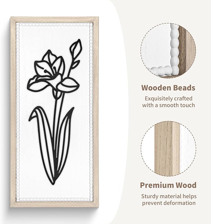 White Floral Bathroom Wall Decor Set of 2, Wood-Framed 3D Wall Art Panels | Raised floral cutouts in rectangular frames, ready to hang; neutral boho farmhouse decor for bedrooms, hallways and entryways