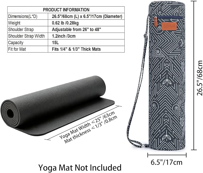 Canvas Yoga Mat Bag with Adjustable Strap & Pockets, Full-Zip Travel Gym Tote for Women & Men, Fits 1/4" & 1/3" Thick Mats, Lightweight Carrier for Yoga, Studio, Workout, Outdoor Use