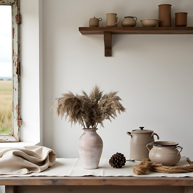 Ceramic Rustic Farmhouse Vase, 9.2 inch Whitewashed Terracotta Vase | Pottery Decorative Vases,Clay Decorative Vases for Home Decor, Table, Living Room, Shelf, Mantel Decoration(Terracotta)