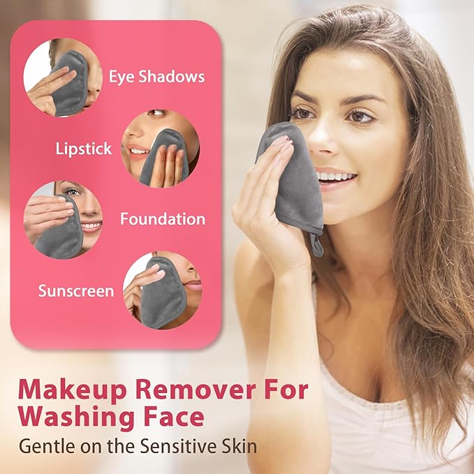Makeup Remover Cloth, 6" x 6" Make Up Towels Reusable Face Cloth for Washing Face, Makeup Remover Pads Microfiber Face Washcloth with Mesh Bag, Just Water, 12 Pack, Cool Grey