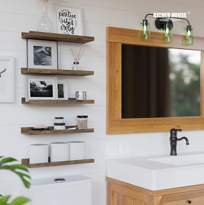 RICHER HOUSE 5-Set Floating Shelves with Lip, Brown Wall Mounted Wood Shelf | Display Picture Ledge Shelf, Anti-drop lip Shelf for Room Wall Decor, Bedroom Bathroom Storage Nursery Books, Easy Setup 16in