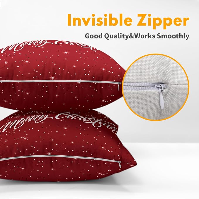 Kawani Merry Christmas Throw Pillow Covers 16 x 16 Inches Set of 2 Xmas Winter Snowflakes Red Farmhouse Cotton Linen Square Decorative Pillowcases Cushion Cover for Sofa Couch Decor
