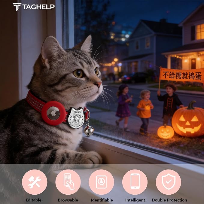 Cat Collar with AirTag Holder, QR Code Tag and Bell (Red, Dot Matrix)