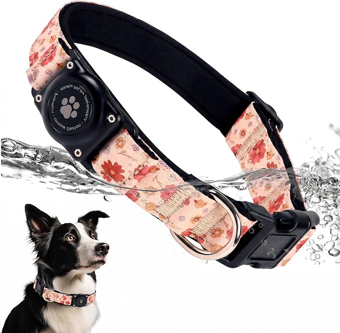 Upgrade Dog Collar with AirTag Holder, IP68 Waterproof, Peach Blossom, XL | Built-in Water Resistant AirTag holder, 1000D Nylon, Reflective Stitching for Night Visibility, Soft padding for Comfort