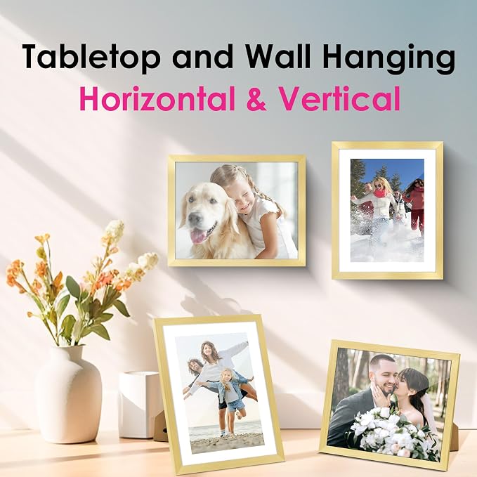 8x10 Picture Frame Bulk-6 Pack, Gold Picture Frames Collage Wall Decor, Wall & Tabletop Picture Frames, Photo Frame with HD Plexiglass, Display Pictures 5x7 with Mat or 8x10 Without Mat