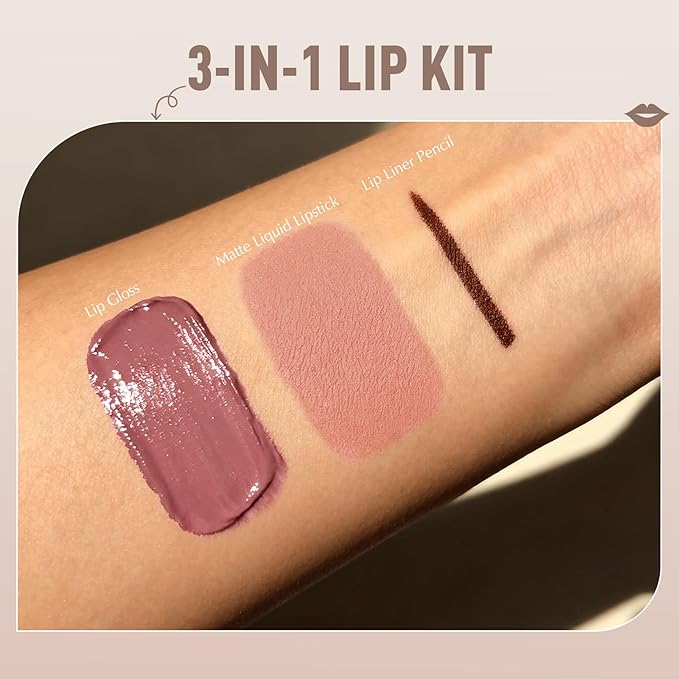 3-in-1 Lip Kit - Matte Liquid Lipstick for Women Brown Lip Liner and Gloss Set Long Lasting Lip Tint Nude Smudge Proof Highly Pigmented Lipcolor Trio Non-Stick Cup Velvet Lip Gloss Makeup