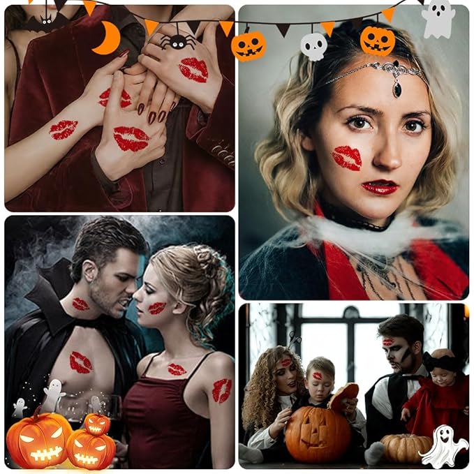 12 Sheets Kiss Tattoos Temporary Stickers, 108 Pcs Red Kiss Lip Print Waterproof Fake Tattoo for Women Girls Kids Face Body Halloween Valentine Gifts, Vampire Makeup, Party Favors, Decorations