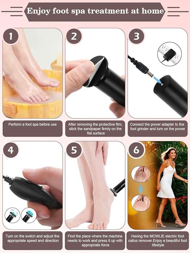 Electric Foot Callus Remover,MOWLIE Electric Foot Care Tools with Speed Controller and 60pcs Replacement Sandpaper Disk for Men Women Dead Dry Crack Skin Calluses (Black)