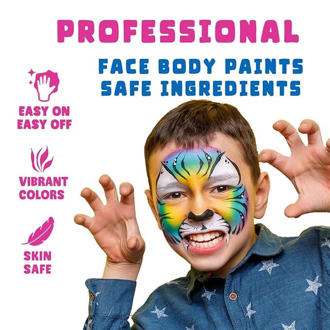 Bowitzki Face Paint 12x10 gm Professional Body Painting Kit For Kids Adults Stencil One Stroke Split Cake Non Toxic Rainbow Flora Dolphin Unicorn Flame Makeup Halloween Christmas Easter - Bright Set