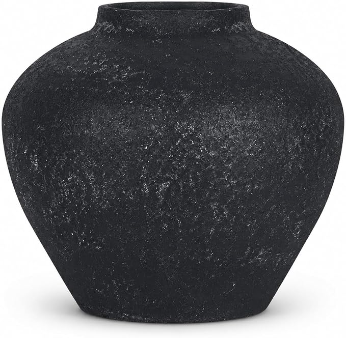 Ceramic Flower Vase Rustic Farmhouse Home Decor | 6.3 Inch Black Round Decorative Vase, Ideal Table Decor for Living Room, Wedding, Birthday Holiday