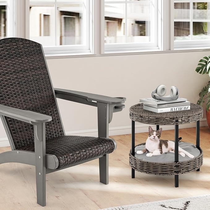 Tangkula 2-Tier Rattan Cat Nest, Wicker Kitten Condo with Removable Padded Cushion, Raised Cat Bed for Small Animals, Indoor & Outdoor Elevated Pet Shelter for Home, Deck, Balcony