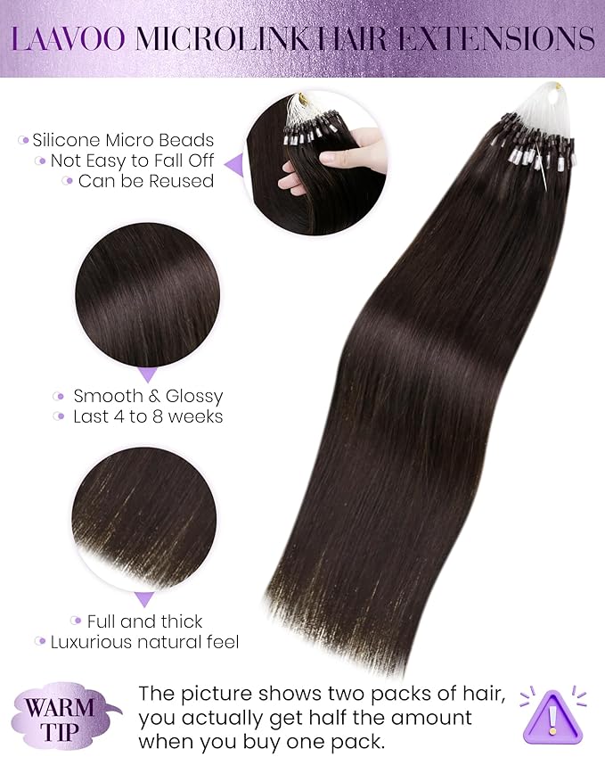 LaaVoo Micro Link Hair Extensions Human Hair Dark Brown Microbead Hair Extensions 24 inch Brown Long Straight 50g/50strands