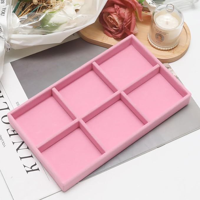 Velvet Jewelry Trays for Drawers, Pink 6 Grids | Stackable Jewelry Drawer Organizer, Earring Necklace Bracelet Holder Organizer Storage Display Tray with Removable Dividers