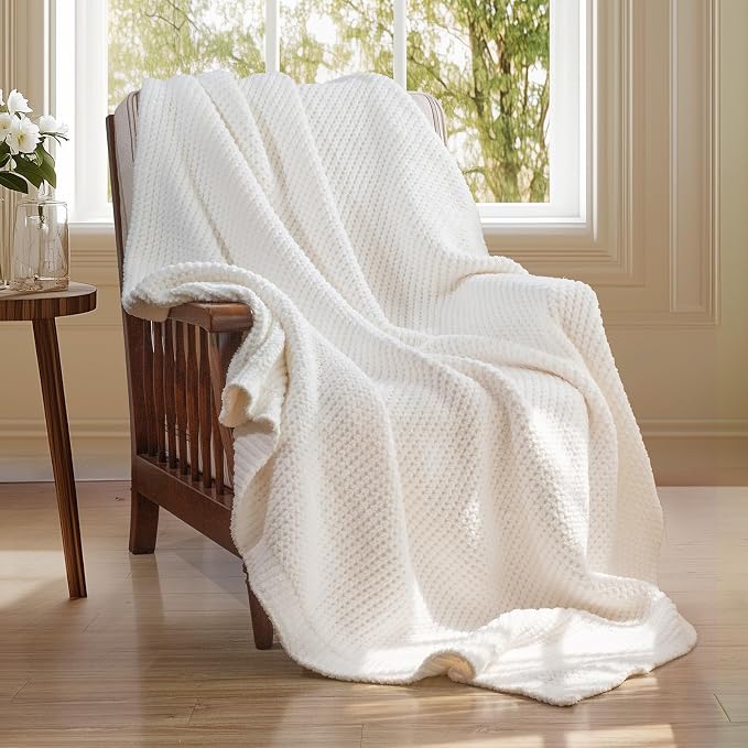 Waffle Knit Throw Blanket for Couch, Soft Cozy Chunky Knit Thick Knitted Blanket for Sofa, Bed, Gift for Women Girls Home Decor (Off White, Throw 50"x60")