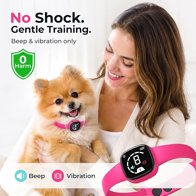 Stop Barking Collar, Dog Bark Collar with Silicone Strap, Bark Collar for Small Medium Large Dogs, Fashionable and Light-Weight Bark Collar with Beep & Vibration, 8 Sensitivity, Peach Pink