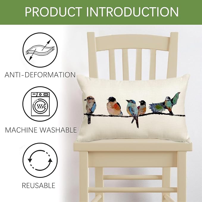 RABUSOFA 12x20 Lumbar Pillow Decorative Throw Pillows,Small Hand-Painted Outdoor Birds Pillowcases,Spring Summer Pillows Decorative Throw Cushion Covers Linen for Couch Sofa Teal Blue