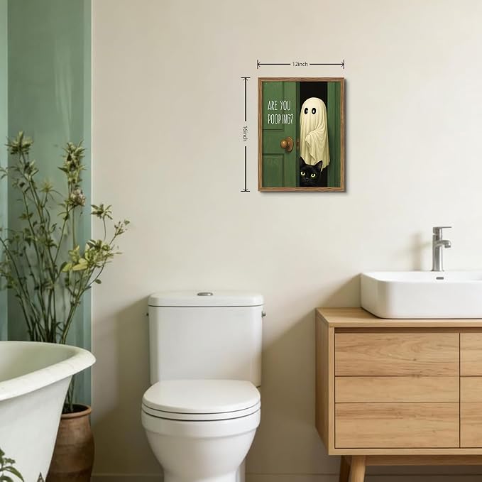 Funny Ghost Cat Halloween Bathroom Wall Art, Cute Ghost Bathroom Halloween Wall Decor Are You Pooping Picture, Vintage Framed Canvas Prints Funny Artwork for Restroom 12x16in Wood Frame