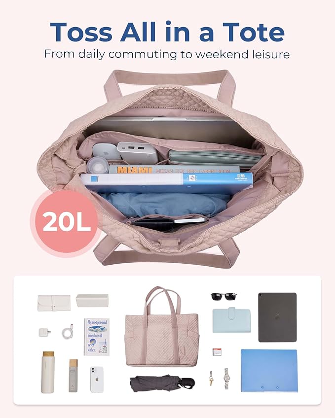 BAGSMART Crush Tote Bag for Women, 20L Puffer Work Tote with Zipper, Travel Essentials Quilted Nurse Hospital Bag