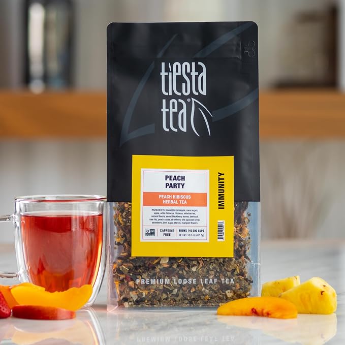 Tiesta Tea - Peach Party, Peach Hibiscus Herbal Tea, Premium Loose Leaf Tea Blend, Non-Caffeinated Fruit Tea, Make Hot or Iced & Up to 200 Cups, 16 oz Resealable Pouch