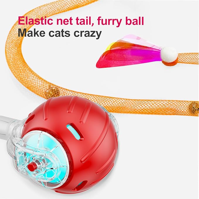 Jkanti Interactive Cat Toys for Indoor Cats,The 3rd Generation Agile Moving Cat Ball with Elastic Mesh Tail,Automatic Kitten Toys for Bored Indoor Cats (Red)