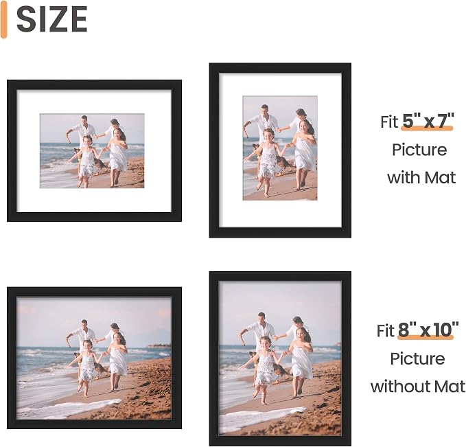 upsimples 8x10 Picture Frame Set of 10, Display Pictures 5x7 with Mat or 8x10 Without, Multi Photo Frames Collage for Wall or Tabletop Display, Black | Fit 5x7 and 8 x 10 Photos, Wall or Tabletop Display, For Gallery Hallway Living Room, For Christmas