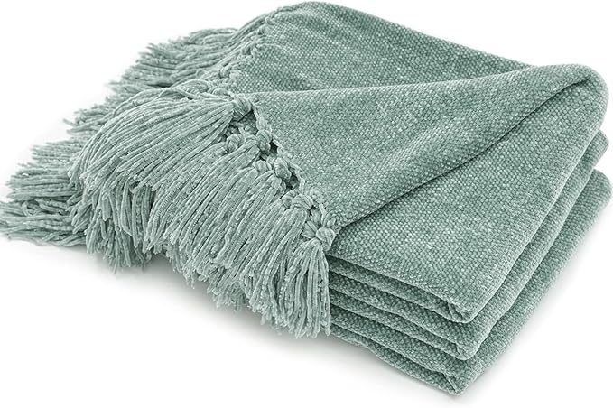 RECYCO Chenille Throw Blanket for Couch, 60"x80", Sage | Super Soft Knit Throw Blanket with Fringe Tassels, Lightweight Knitted Throw, Cozy, Ideal for Sofa Chair Bed Living Room Gift