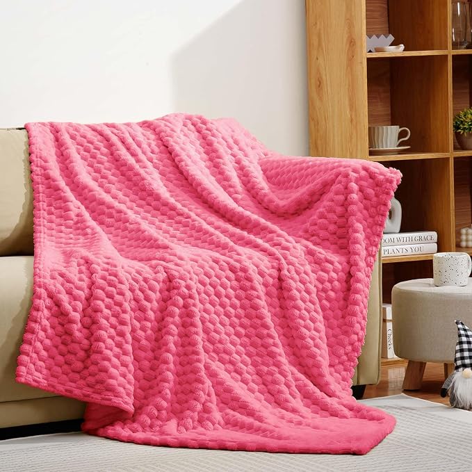 Excervent Hexagon Jacquard Throw Blanket for Bed, 50x70 Inches, Hot Pink | Decorative Fuzzy Flannel Fleece Throw Blanket for Sofa Bed Couch, Super Soft Cozy, Suitable for All Seasons