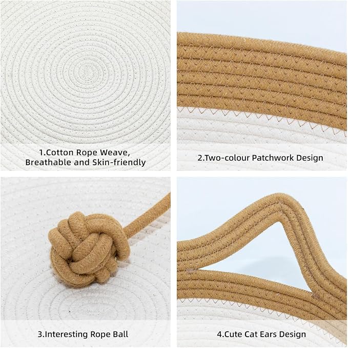 Cat Bed, Cotton Rope Instinct Basket for Cats, Handwoven Cat Beds | Stimuli Handwoven Basket for Cat, Pet Sleeping Bed with Rope Ball, Puppies, Rabbits and Small Pets (Medium, Brown & Beige)