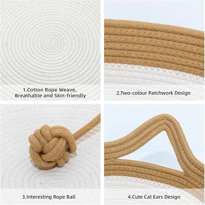 Cat Bed, Cotton Rope Instinct Basket for Cats, Handwoven Cat Beds | Stimuli Handwoven Basket for Cat, Pet Sleeping Bed with Rope Ball, Puppies, Rabbits and Small Pets (Large, Brown & Beige)