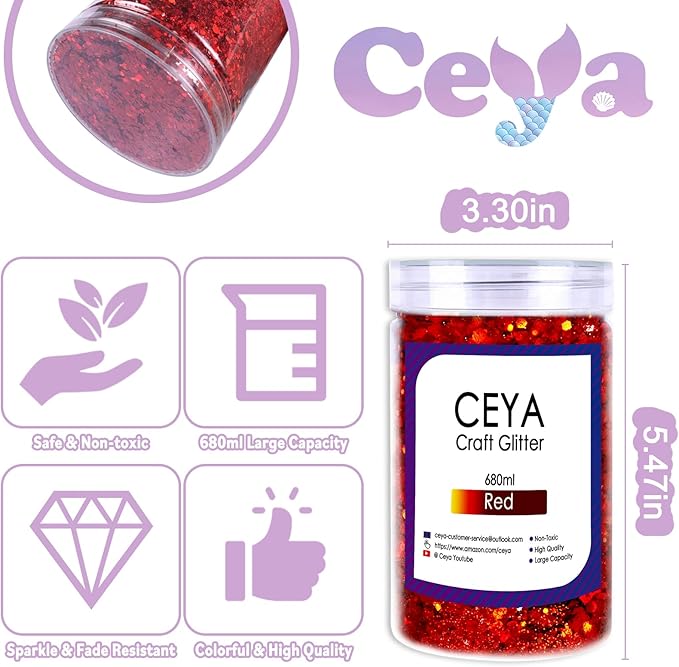 Ceya Holographic Chunky Glitter, 1 LB/ 16OZ Laser Red Bulk Craft Glitter Mixed Chunky Fine Glitter Bottled Metallic Flake Nail Sequins for Resin, Tumblers, Scrapbooking, Festival Decor, Art Project