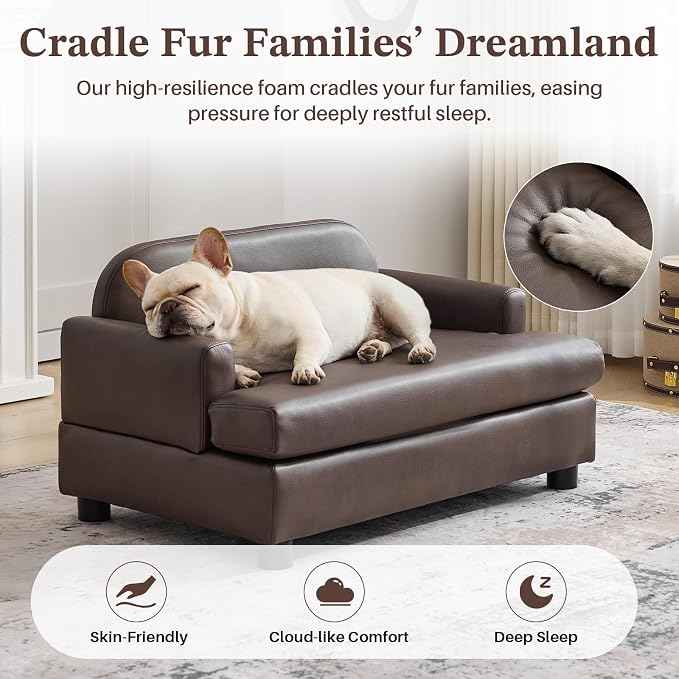 Luxury Dog Sofa Bed Elevated Pet Couch with Durable Waterproof Leather | Dog Couch with Orthopedic Sponge, Modern Furniture Style Dog Lounge & Pet Bedside Step, for Small/Medium Dogs/Cats, Gray