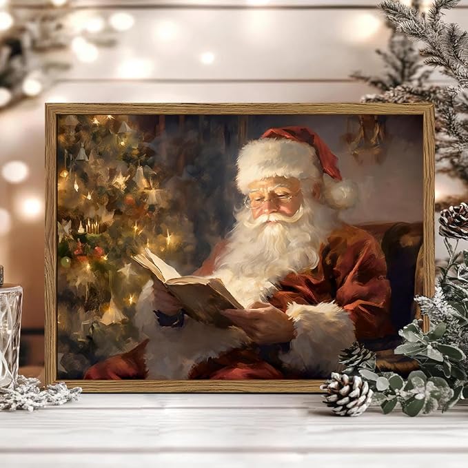 Framed Vintage Christmas Canvas Wall Art, Santa Claus Reading Book Paintings Wall Decor, Rustic Winter Holiday Pictures Prints for Living Room Bedroom Home Decoration 12×16 inch