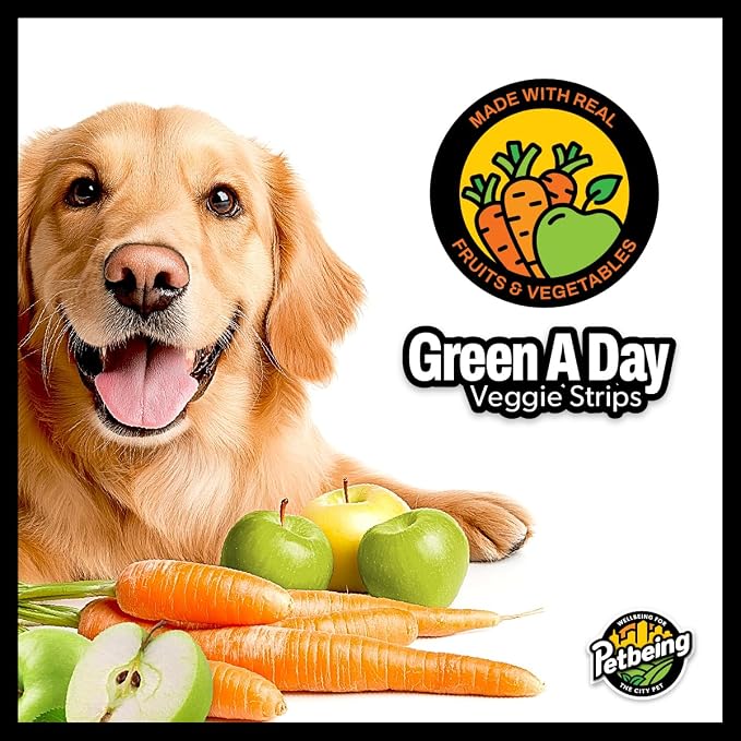 Green A Day Veggie Strips for Dogs | Carrot & Apple Vegetarian Dog Chews | Daily Wellness Treats with Fruits & Vegetables | 4 Pack, 3 oz Bags
