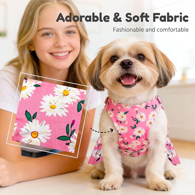 BAEJMJK Dog Dress Bowknot Harness Leash Set for Small Dogs Cats Daisy Floral Girl Dog Dresses Cute Puppy Princess Clothes Pet Doggy Outfits Spring Summer Breathable Dresses(Pink,Large)