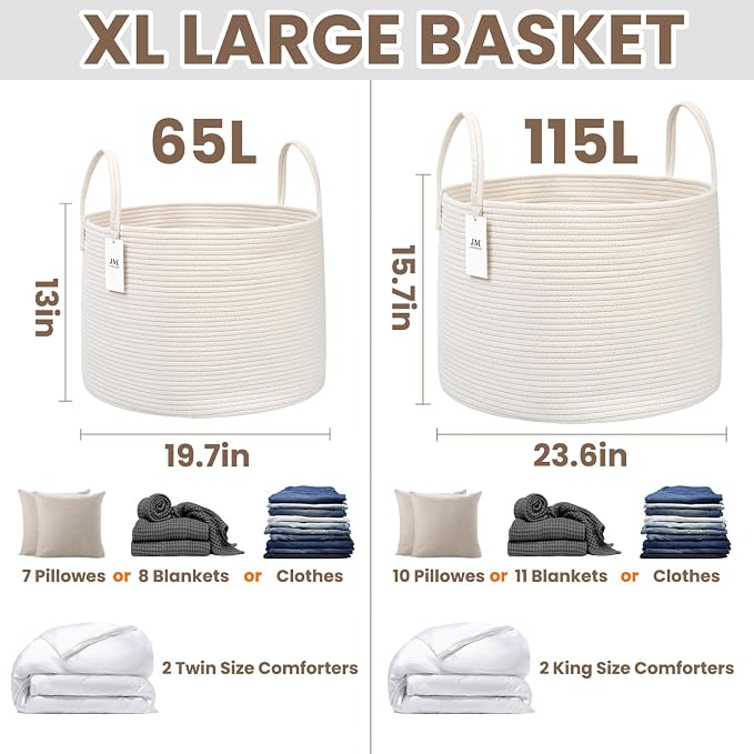JMvicyroam 115L Extra Large Machine Washable Cotton Rope Blanket Basket | Collapsible laundry hamper, Reinforced handles, For blankets, pillows, toys and clothes, Living room and bedroom, White