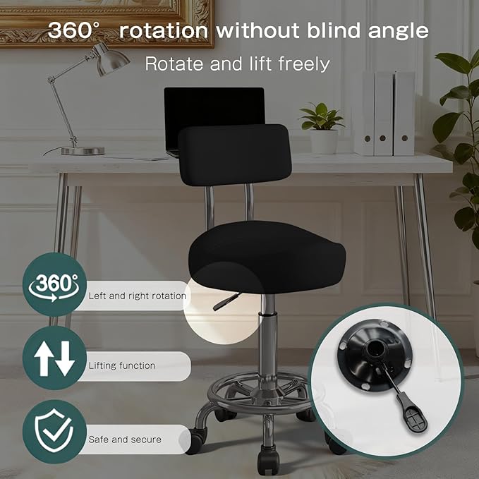 Saddle Stool with Back and Ring Pedal, Adjustable Hydraulic Rolling Chair with Wheels for Salon, Spa, Medical, Massage & Drafting Use Black