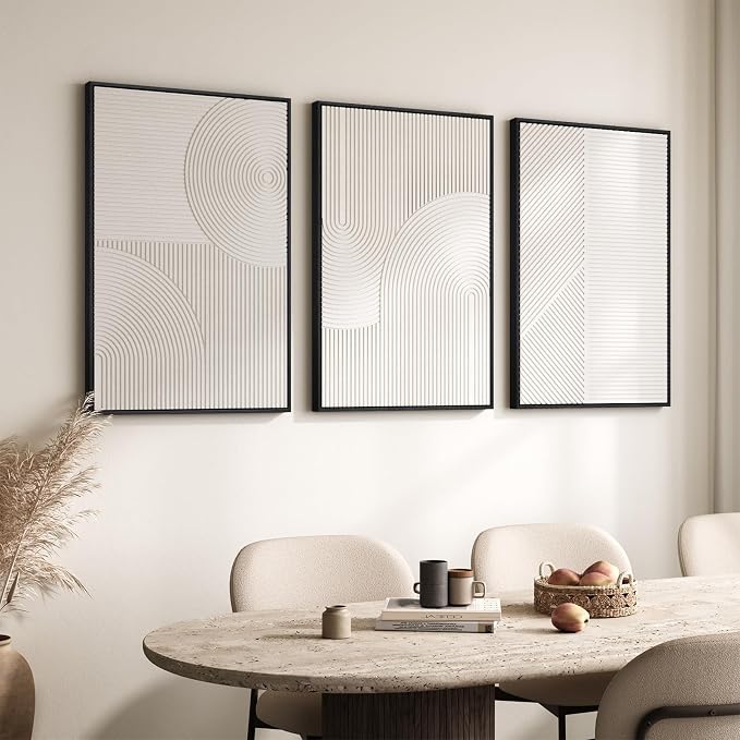 Large Framed 3D Textured Abstract Wall Art for Living Room, 3 Piece Modern White Geometric Pictures Wall Decor, Minimalist Line Paintings for Bedroom Dining Room Hallway Office 24x36 In