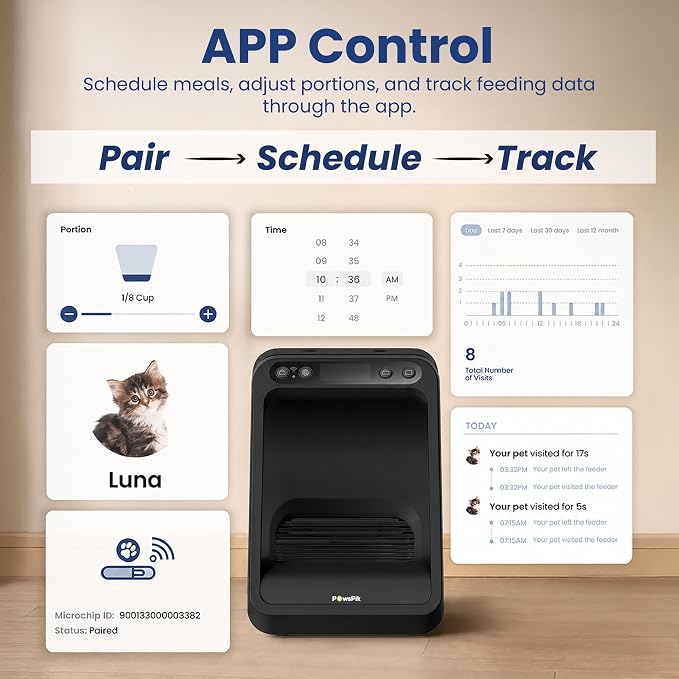 Automatic Microchip RFID Cat Feeder, 16-Cup, Black | ISO Microchip & PawsPik RFID Tag Compatible, App Control, Portion Control, Personalize Feeding