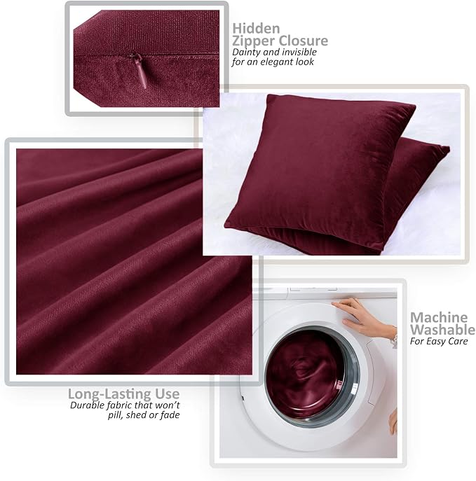 Throw Pillow Inserts Pack of 2 with Velvet Soft Solid Decorative Square Throw Pillow Covers Set for Sofa Couch Car Bedroom, 20X20 Throw Pillows Inserts with 18x18 Washable Cushion Covers, Brownish Red