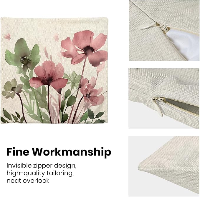 Spring Floral Pillow Covers 20x20 Inches Set of 2 Sage Green Pink Floral Throw Pillow Covers Outdoor Rustic Summer Flower Decoration Pillowcase Farmhouse Decorative Cushion Cover For Couch Sofa