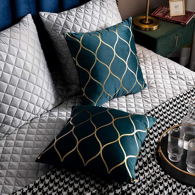 22x22 Inch Gold Velvet Throw Pillow Covers: 2 Pack Square Decorative Pillow Cases for Bedroom Sofa Couch Living Room, Teal Christmas