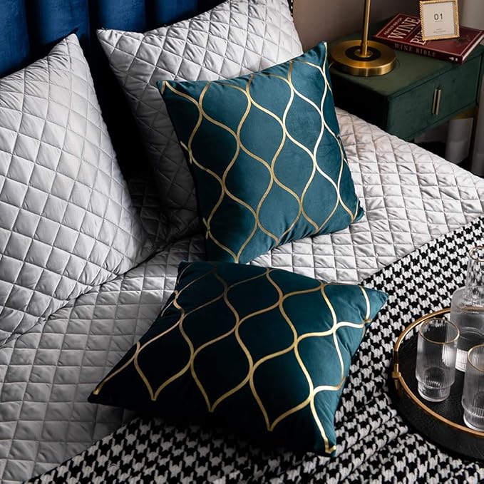 18x18 Inch Gold Velvet Throw Pillow Covers: 2 Pack Square Decorative Pillow Cases for Bedroom Sofa Couch Living Room, Teal Christmas