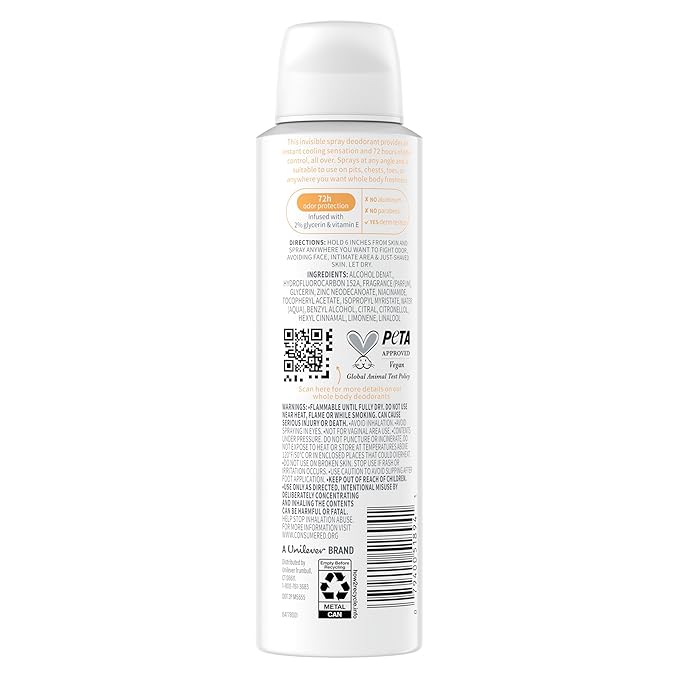 Dove Whole Body Deodorant Cooling Spray Peach & White Tea Aluminum Free 4oz